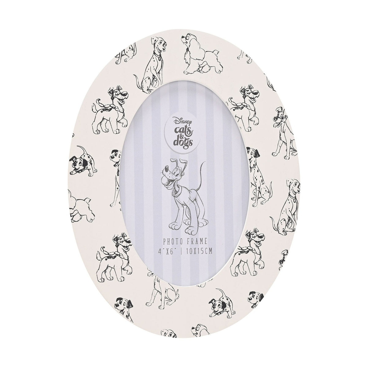 Oval wooden photo frame in white with black sketched dog illustrations, including Dalmatians and Lady and the Tramp, holds a 6 x 4in photo, shown on a plain background.