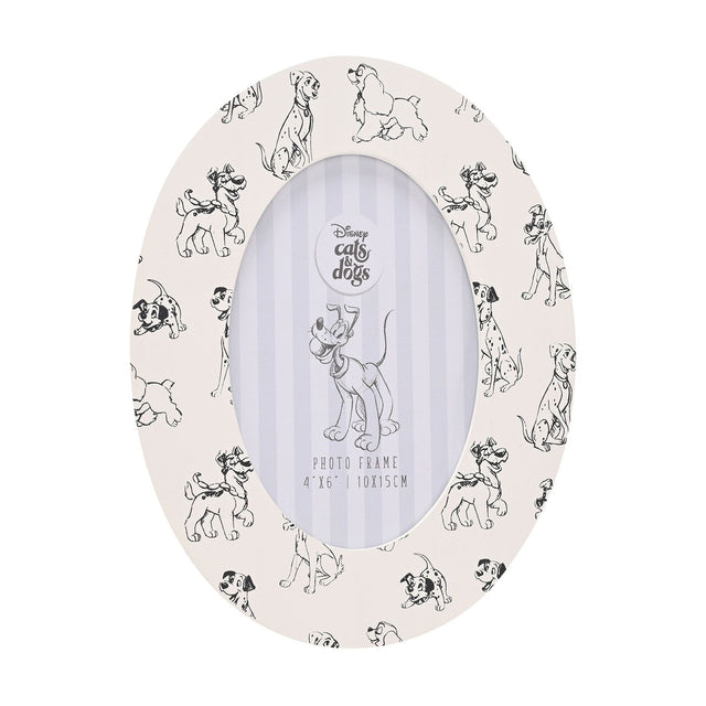 Oval wooden photo frame in white with black sketched dog illustrations, including Dalmatians and Lady and the Tramp, holds a 6 x 4in photo, shown on a plain background.