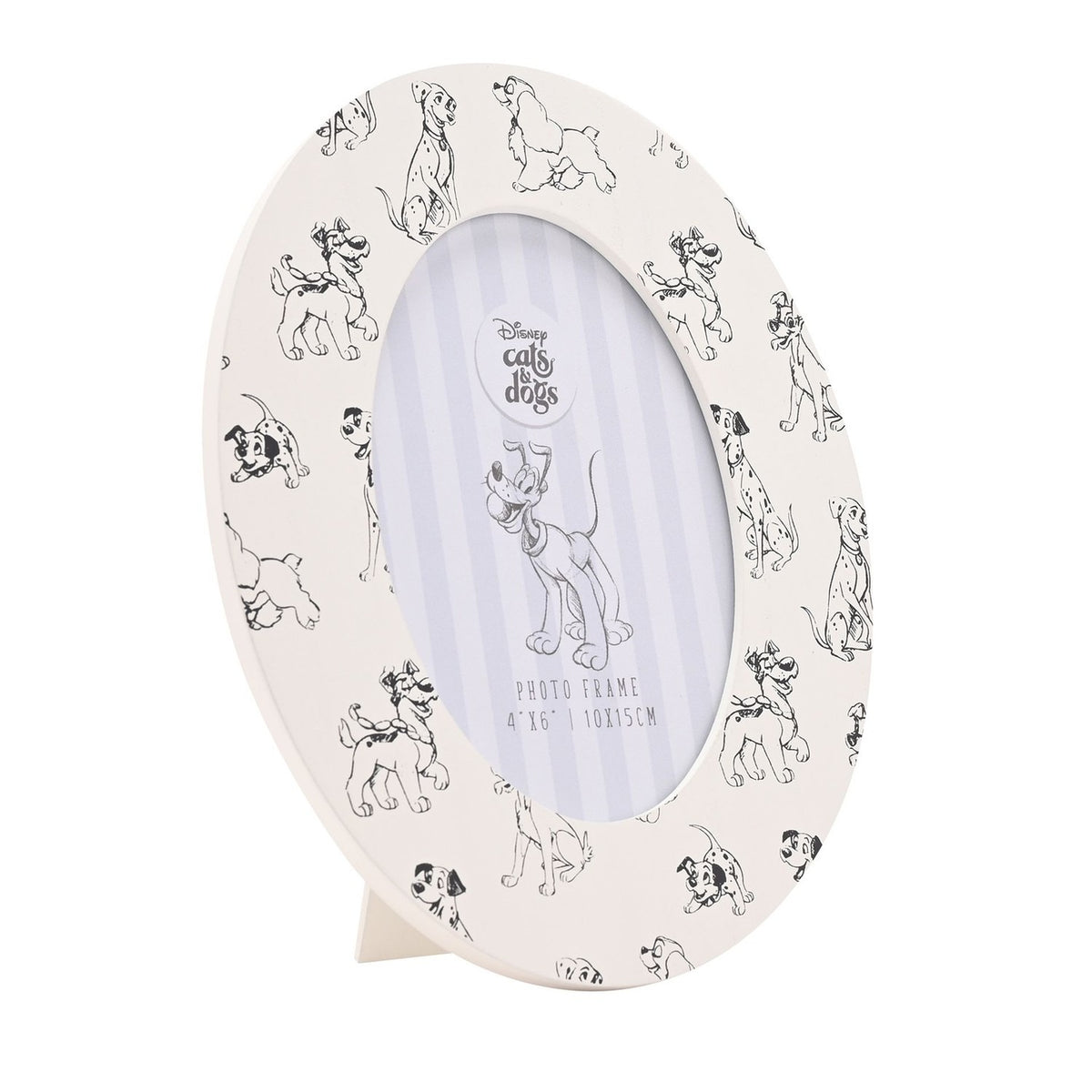 Oval wooden photo frame in white with sketched black dog illustrations around the border, featuring a 6 x 4in oval opening and inner stripe mat, shown on a plain background.
