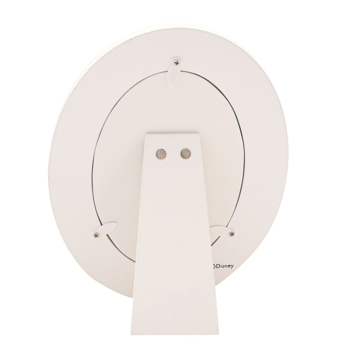 Reverse view of the oval wooden photo frame in white, showing an easel-style stand with two screw fixings and hanging tabs for wall mounting.