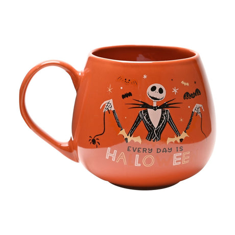 Orange glossy stoneware mug with curved handle, printed with Jack Skellington in pinstripe suit, bats and spiders, and "Every Day Is Halloween" text, on a white background.