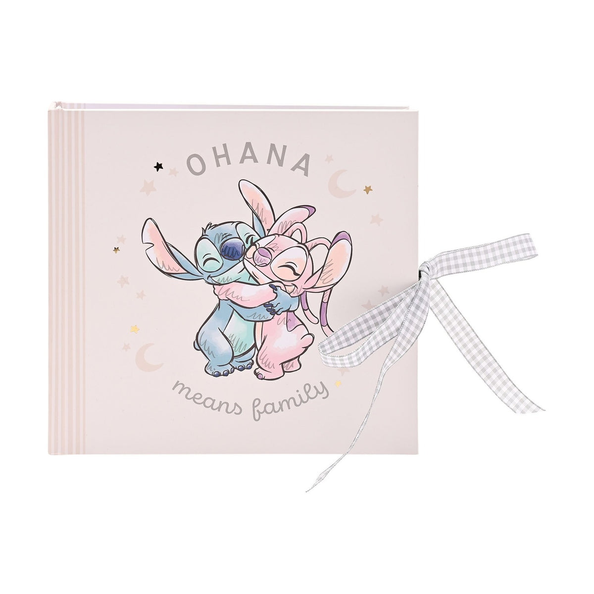 Square pale pink Ohana Stitch baby photo album with Stitch hugging a pink friend under stars and moons, grey gingham ribbon tie, plain white background.