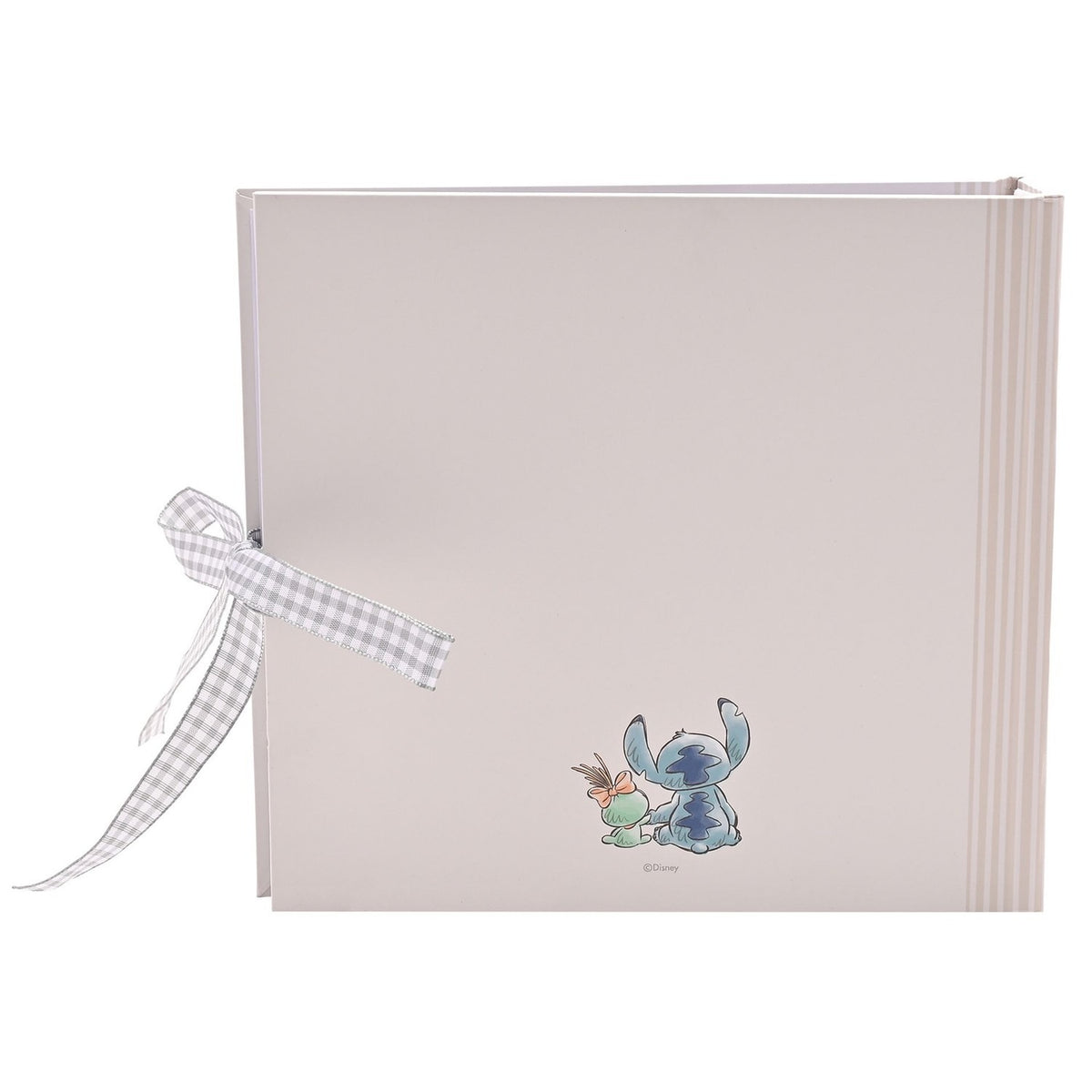 Square Ohana Stitch baby photo album in pale beige with matt finish, Stitch and Scrump printed on the cover, grey gingham ribbon tie, shown on a white background.