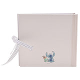 Square Ohana Stitch baby photo album in pale beige with matt finish, Stitch and Scrump printed on the cover, grey gingham ribbon tie, shown on a white background.
