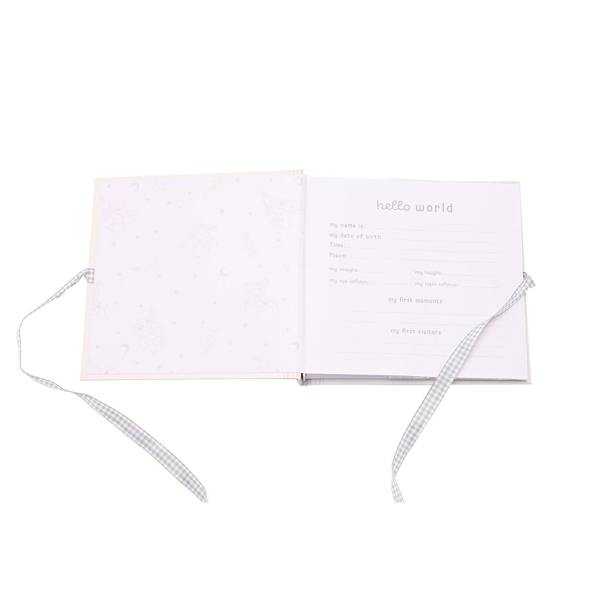Open Ohana Stitch baby photo album showing a "hello world" record page with fill-in details, grey gingham ribbon ties, and a pale star-patterned inner cover.