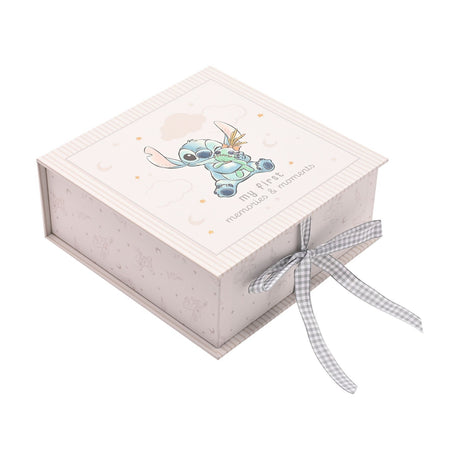 Square Stitch baby keepsake box with "my first memories & moments" text on lid, pinstripe border, tone-on-tone patterned sides, and grey gingham ribbon tie, on a white background.