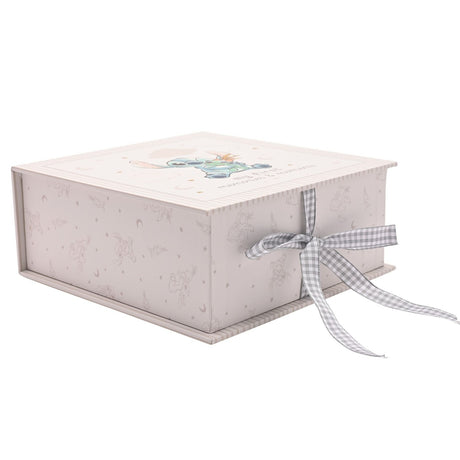 Square Stitch Baby Keepsake Box with gingham ribbon tie, light grey pinstriped lid featuring Stitch among clouds and stars, tone-on-tone patterned sides, on a white background.