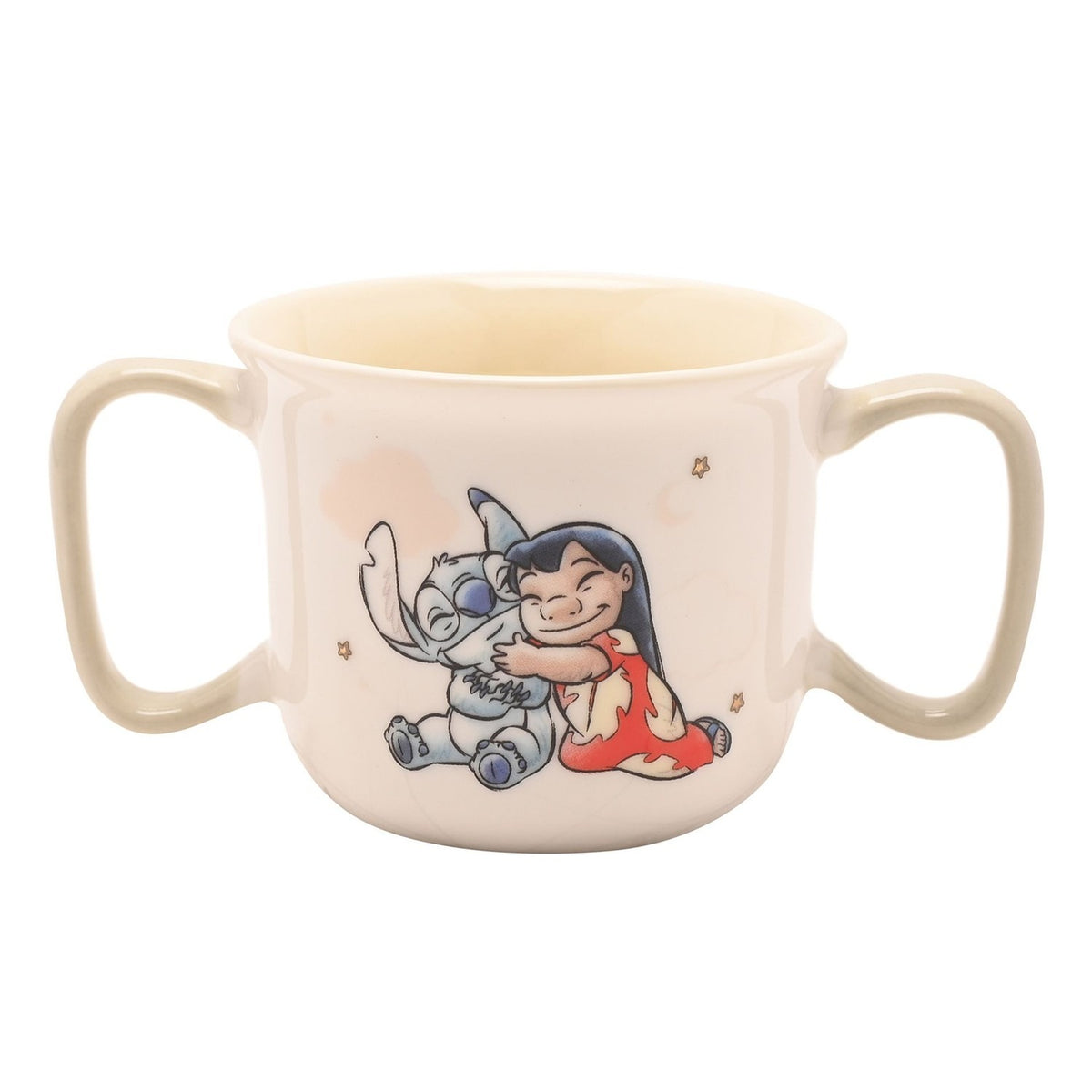 Lilo and Stitch Baby Double Handed Porcelain Mug in cream with sage-green handles, printed with Lilo hugging Stitch and small star details, shown on a plain white background.