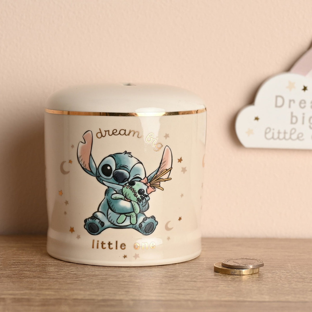 Stitch Moon and Stars Ceramic Baby Money Box with Gold Band