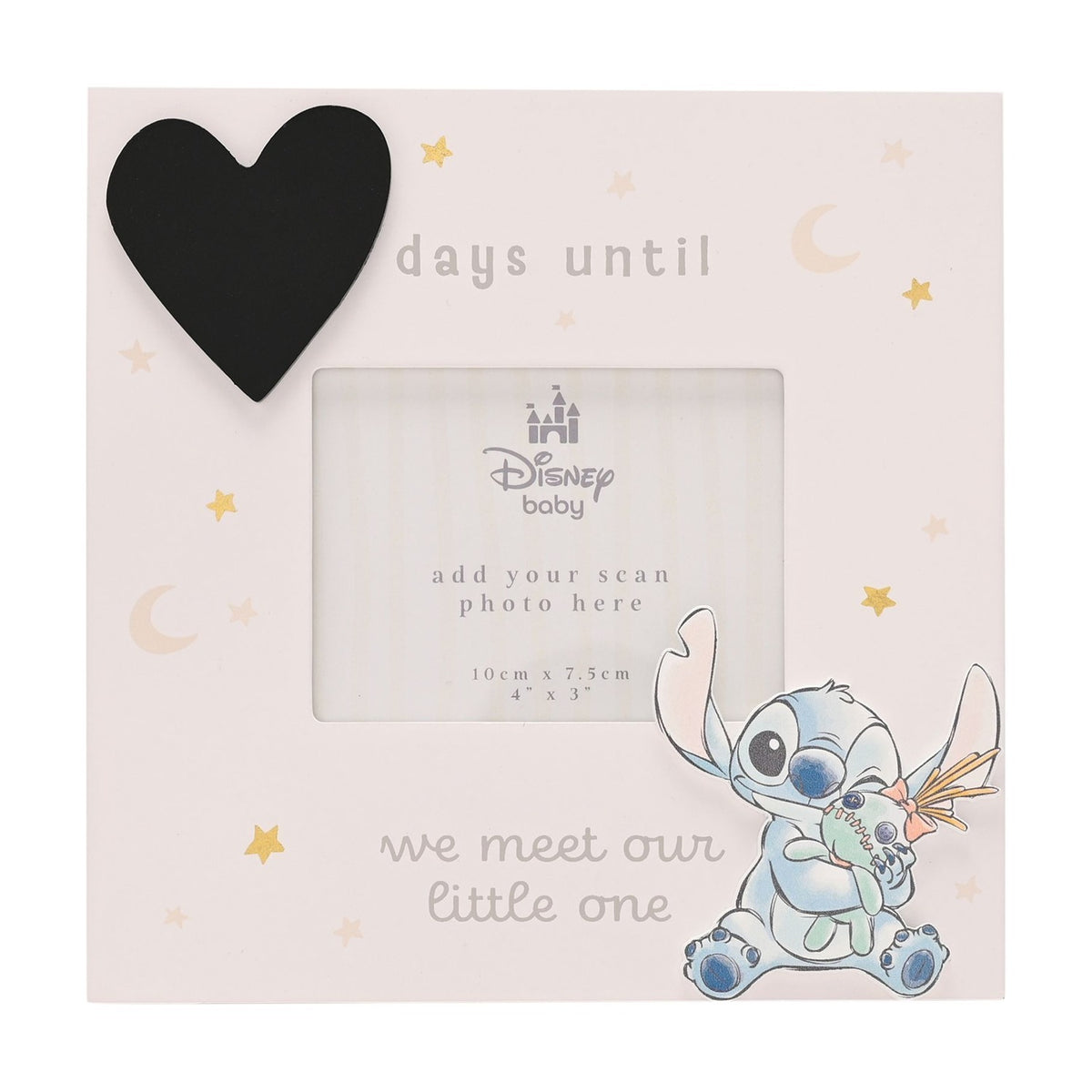 Square wooden photo frame in off-white with "days until we meet our little one" text, black chalkboard heart, stars, moons, and a raised Stitch cut-out, with a 4x3in scan photo window.