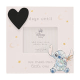 Square wooden photo frame in off-white with "days until we meet our little one" text, black chalkboard heart, stars, moons, and a raised Stitch cut-out, with a 4x3in scan photo window.