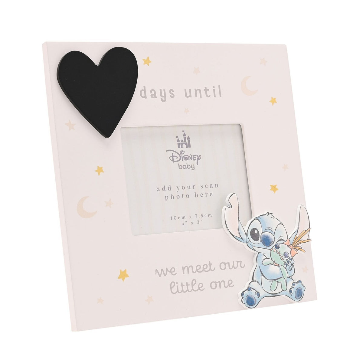 Off-white pink-tinted wooden frame with a black chalkboard heart reading days until we meet our little one, gold stars and moons, a raised Stitch cut-out, and a 4 x 3in photo window.