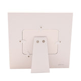 Back view of the Stitch Baby Countdown Scan square wooden photo frame, showing a white easel stand with magnetic backing and four swivel tabs securing the insert, on a plain white background.