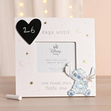 White wooden square photo frame with black chalkboard heart countdown, Stitch cut-out, gold stars and moons, "days until we meet our little one" text, 4x3in scan window.