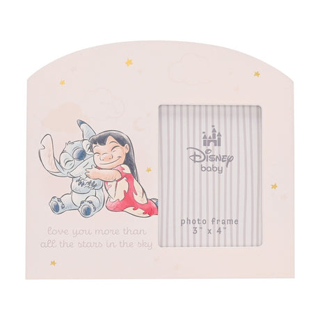 Arched wooden photo frame in pale pink with Lilo and Stitch hugging, gold stars and clouds, "love you more than all the stars in the sky" text, and a 4 x 3in photo window.