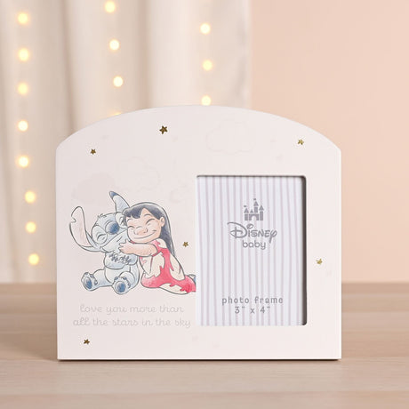 Arched white wooden photo frame with a printed Lilo and Stitch hug, gold stars and clouds, a 4 x 3in photo window, and "love you more than all the stars in the sky" text.