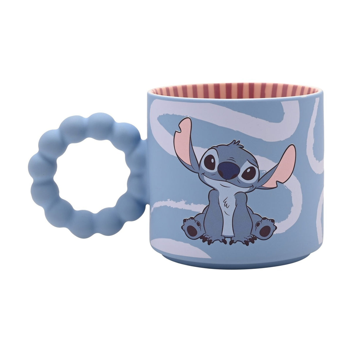 Blue ceramic mug with a chunky bobble handle, featuring Stitch sitting with ears raised amid white brushstroke swirls, and a red-and-cream striped interior, shown on a plain white background.