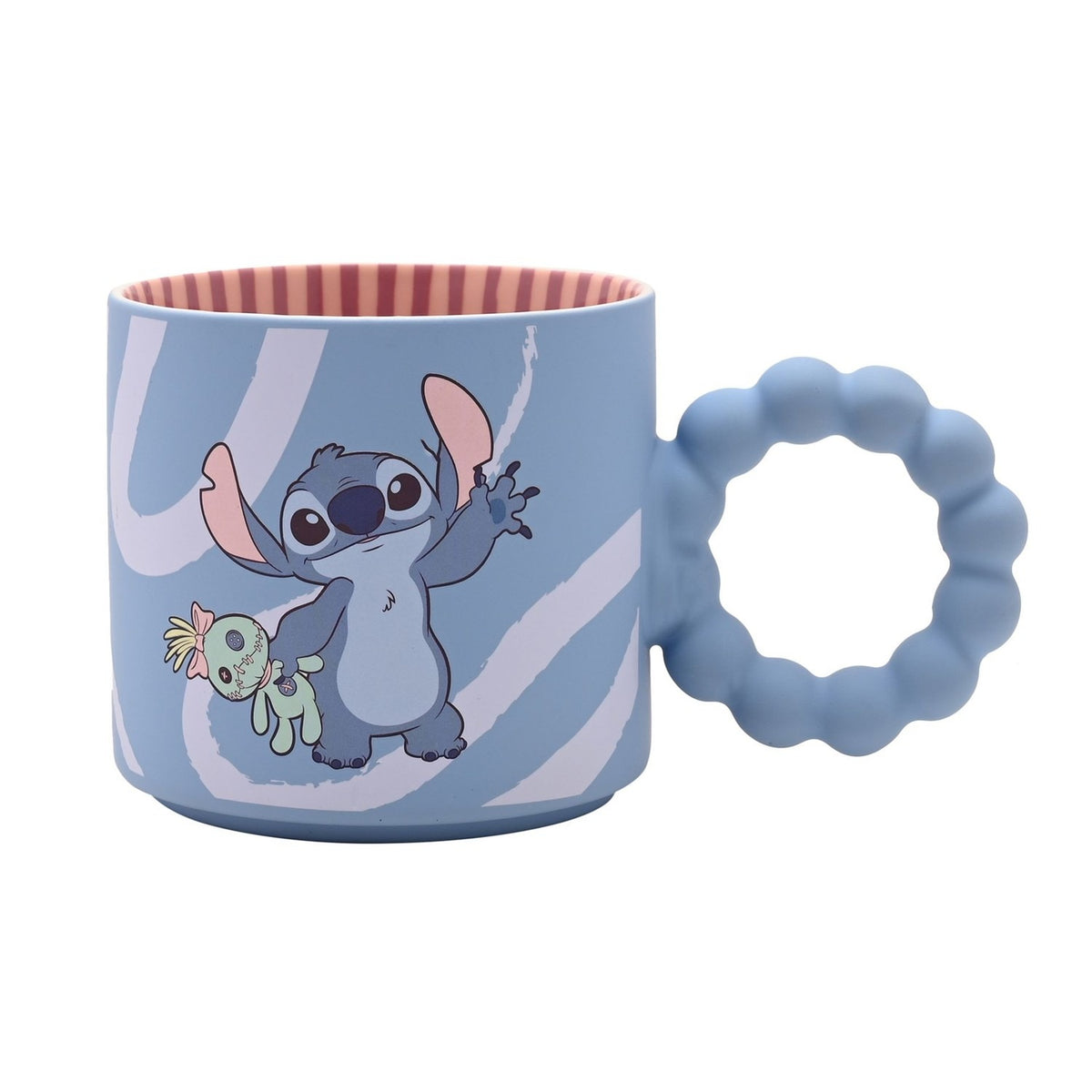 Ceramic mug with chunky bobble handle in pastel blue, featuring Stitch waving beside a green rag doll amid white brushstroke swirls, with red and cream striped interior, on a white background.