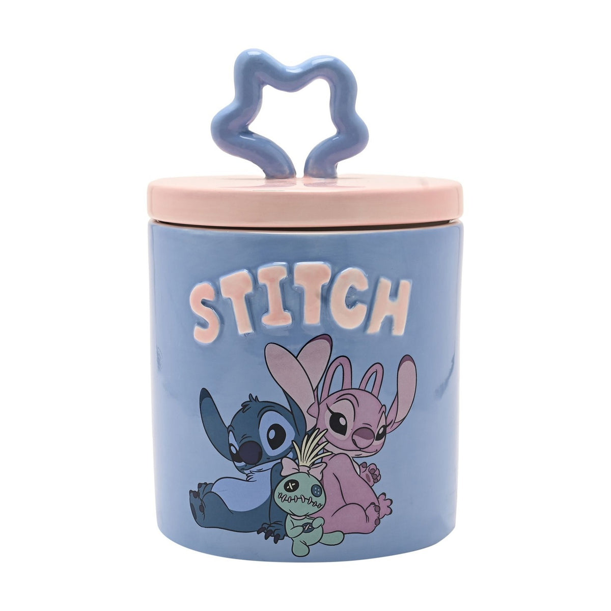 Round stoneware storage jar in blue with "STITCH" in raised pink letters, featuring Stitch and Angel, a pale pink lid, and wavy star knob on a white background.