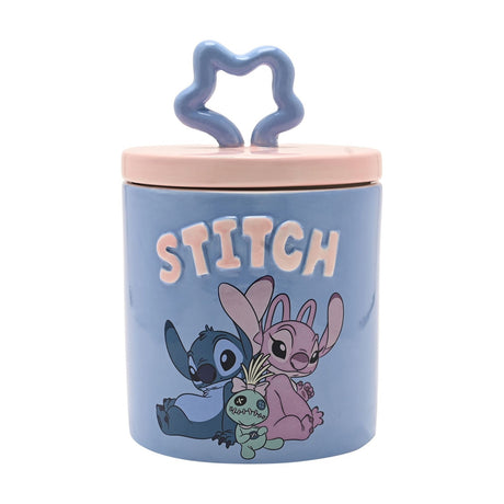 Round stoneware storage jar in blue with "STITCH" in raised pink letters, featuring Stitch and Angel, a pale pink lid, and wavy star knob on a white background.