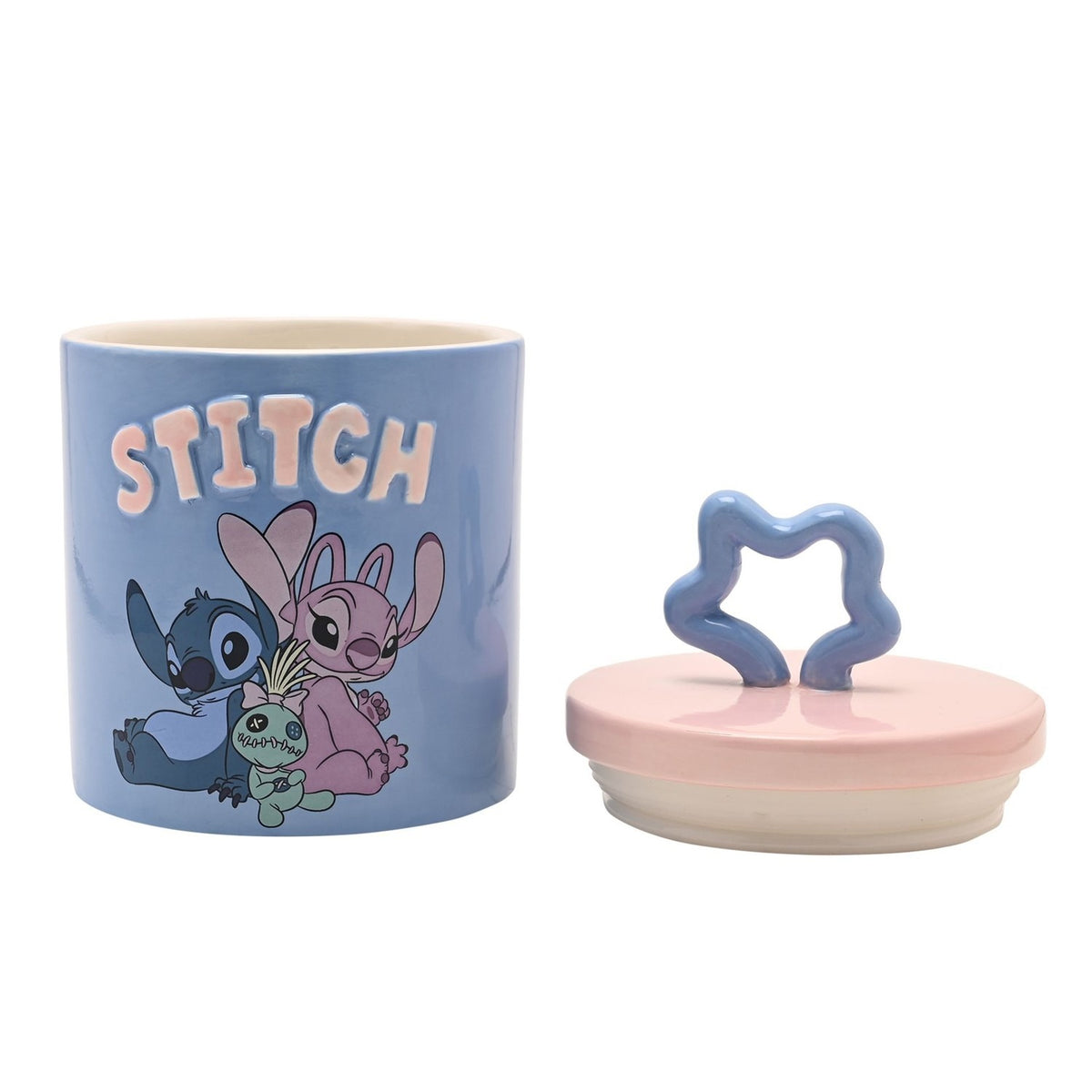 Stitch stoneware storage jar, 900ml, round blue body with raised "STITCH" text, illustrated Stitch and companions, pale pink lid with wavy star knob, shown open on a white background.
