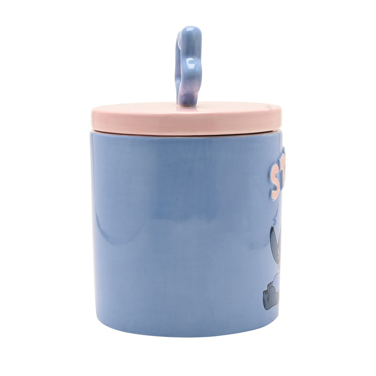 Stitch Stoneware Storage Jar with Star Knob 900ml in blue, round ceramic body with raised pink STITCH lettering and pink lid with wavy star handle, shown on a white background.