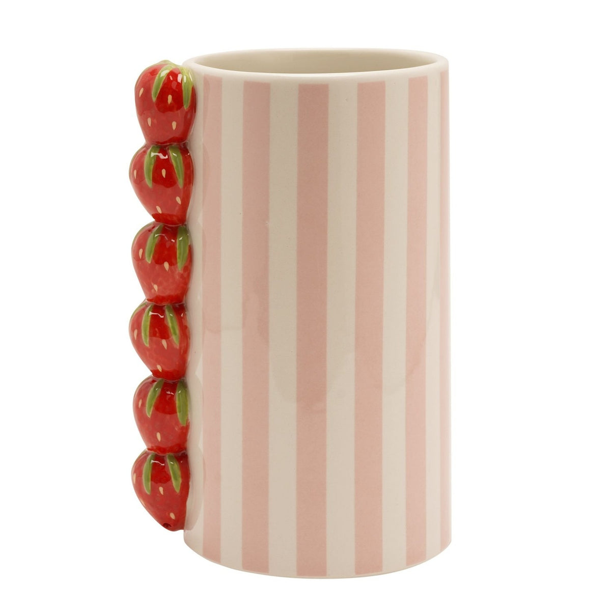 Cylindrical stoneware vase in pink and cream stripes, with a vertical row of six raised red strawberry accents forming the handle, shown on a plain white background.