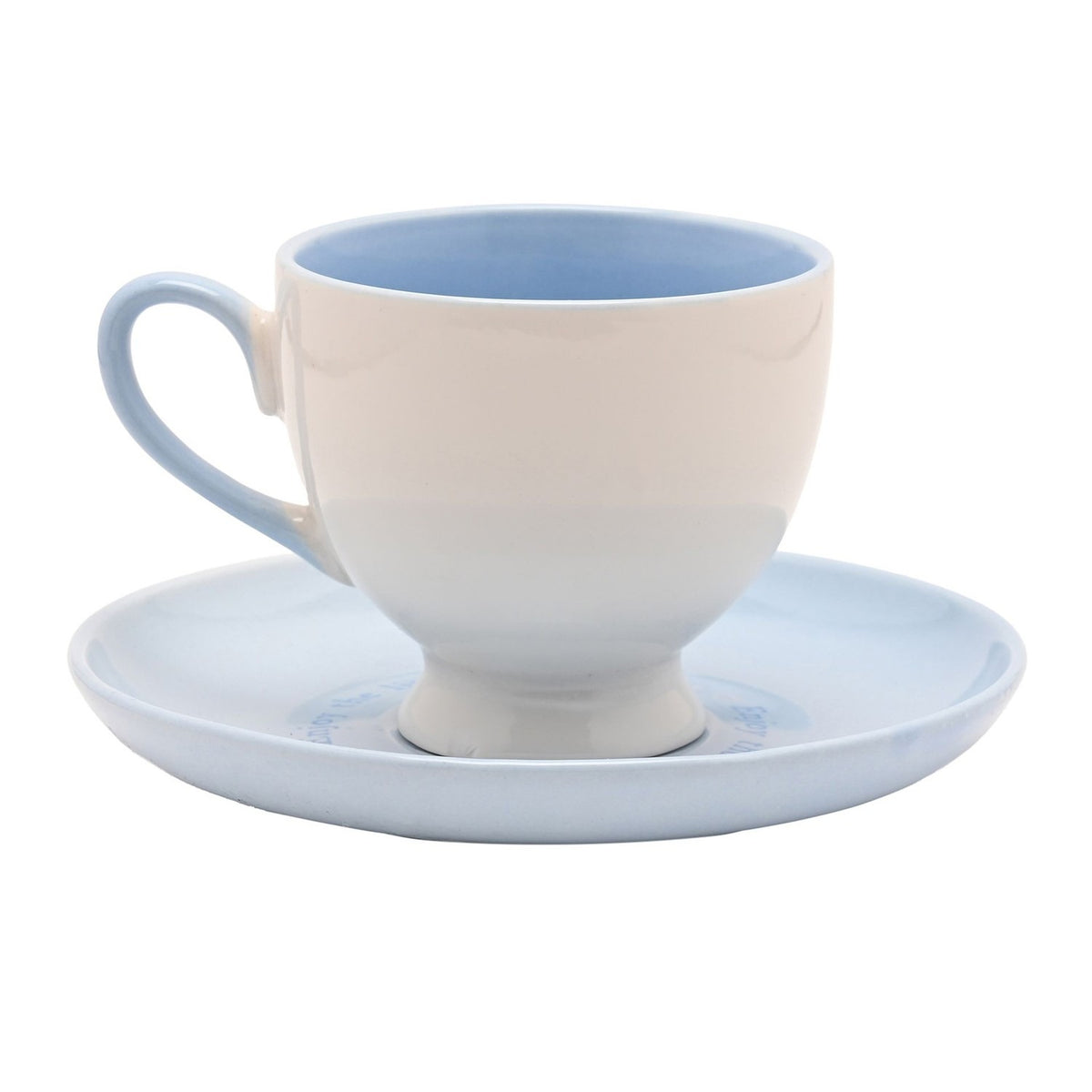 Porcelain footed cup and saucer with cream exterior, pale blue interior and handle, paired with a matching round blue saucer, shown on a plain white background.