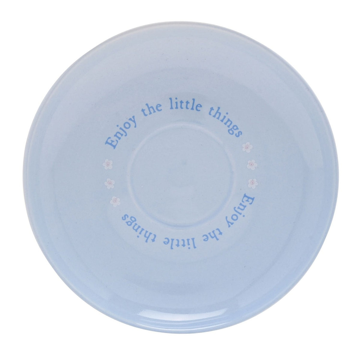 Round pale blue porcelain saucer from the Winnie the Pooh Eeyore Cup & Saucer set, printed with "Enjoy the little things" in blue text, shown on a white background.