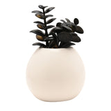 White round planter shaped like Jack Skellington's head with black painted facial features, filled with a black faux succulent plant, on a plain white background.