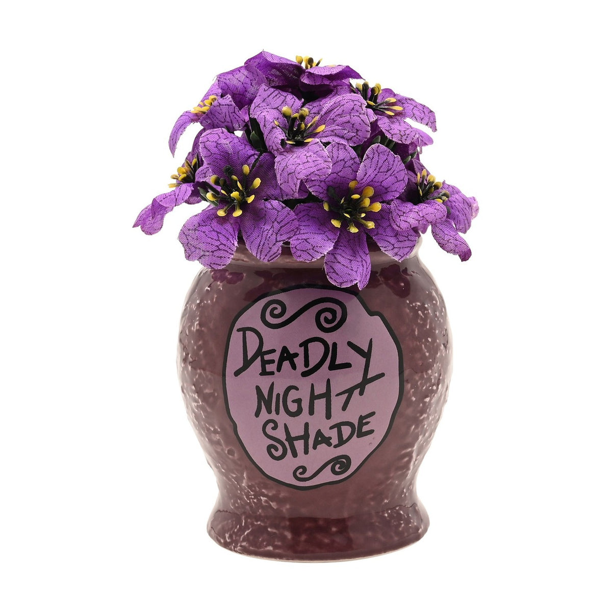 Nightmare Before Christmas Deadly Nightshade Planter in speckled purple ceramic with a lilac label and faux violet flowers, shown on a plain white background.