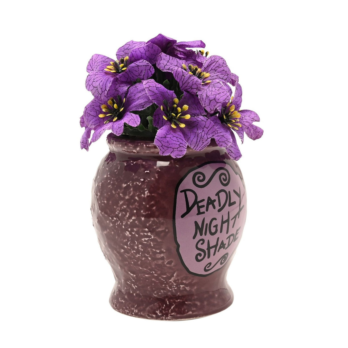 Nightmare Before Christmas Deadly Nightshade Planter in speckled glossy purple, with a lilac label reading "Deadly Night Shade" and faux violet flowers on top, shown on a white background.