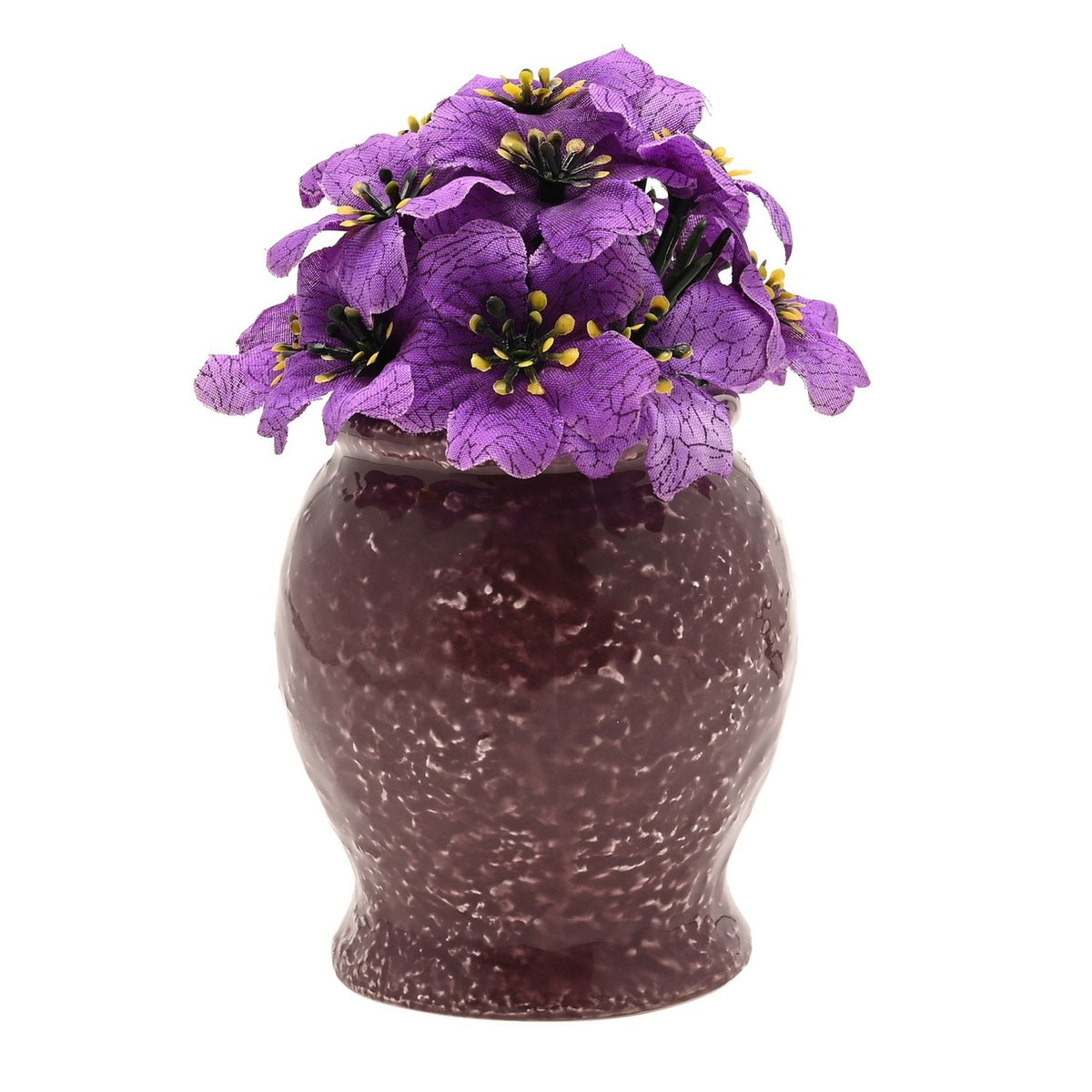 Nightmare Before Christmas Deadly Nightshade Planter in Purple, a speckled plum urn-shaped pot topped with artificial violet flowers, shown on a plain white background.