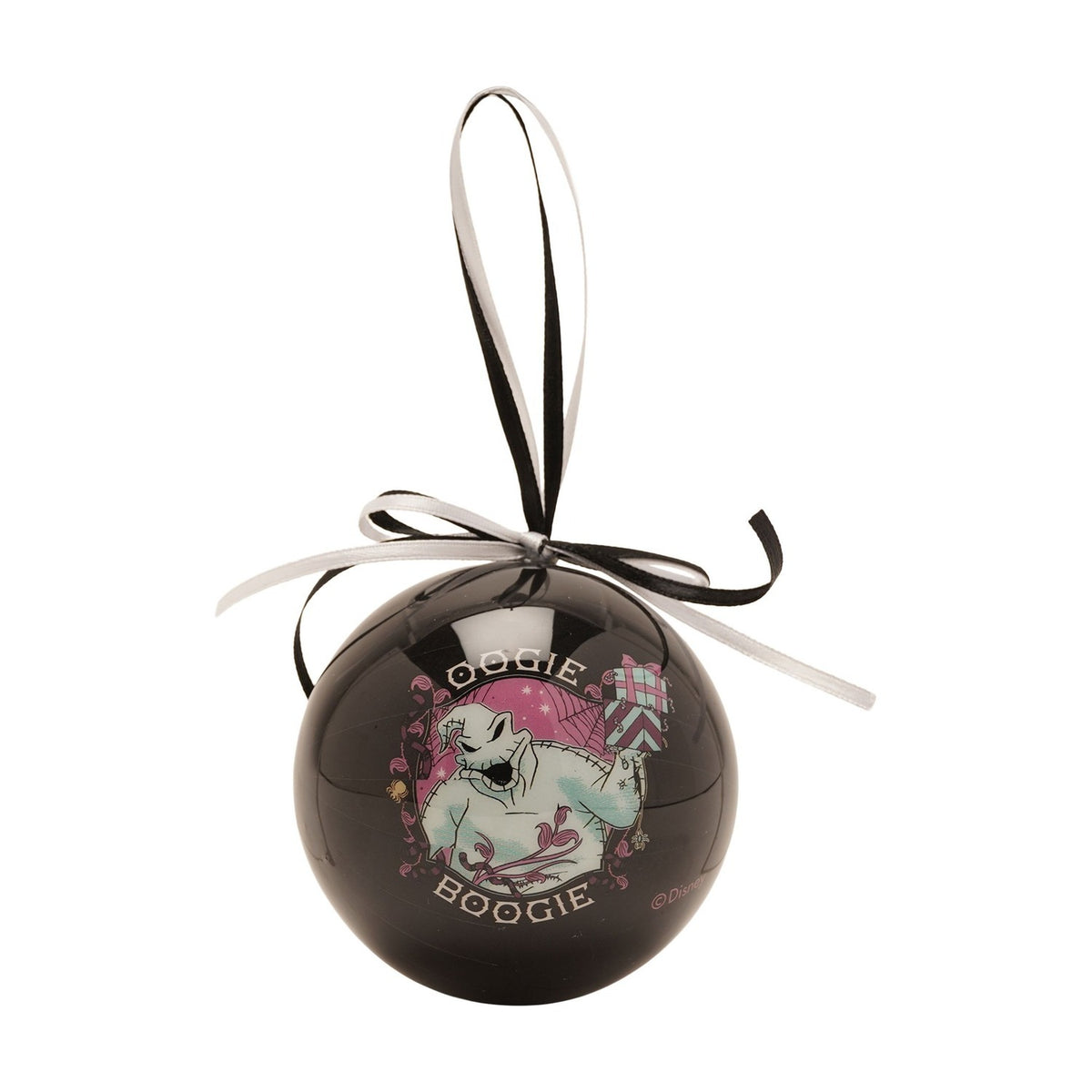 Glossy black round bauble from the Nightmare Before Christmas set, featuring Oogie Boogie in pink, white and pale blue, hung with black and white ribbon.
