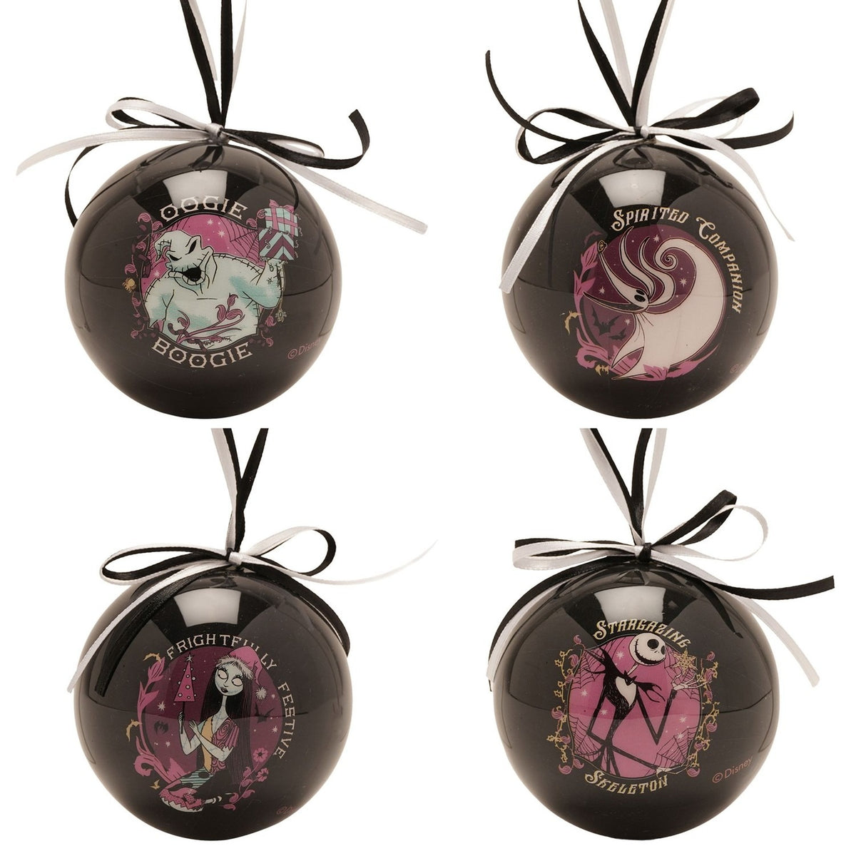 Four glossy black round baubles with black and white ribbon hangers, each featuring a Nightmare Before Christmas character panel: Oogie Boogie, Zero, Sally and Jack Skellington.