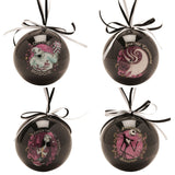Four glossy black round baubles with black and white ribbon hangers, each featuring a Nightmare Before Christmas character panel: Oogie Boogie, Zero, Sally and Jack Skellington.