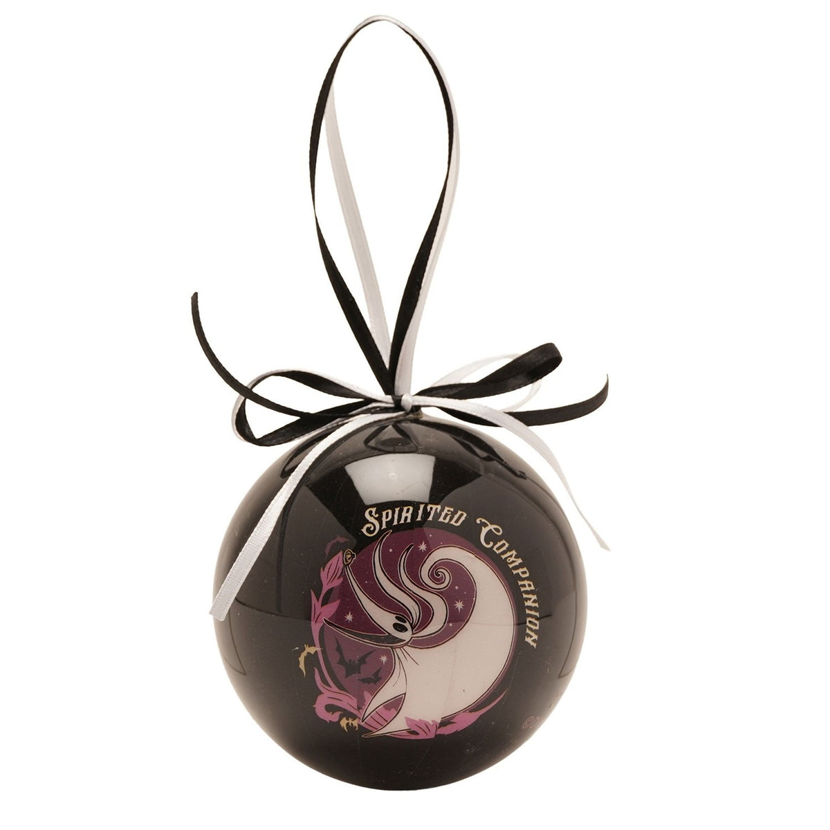 Glossy black round bauble featuring Zero the ghost dog from The Nightmare Before Christmas in pink, white and pale blue with Spirited Companion lettering, on black and white ribbon.