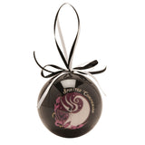 Glossy black round bauble featuring Zero the ghost dog from The Nightmare Before Christmas in pink, white and pale blue with Spirited Companion lettering, on black and white ribbon.