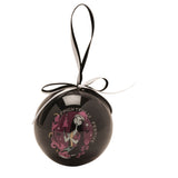 Glossy black round tree bauble from the Nightmare Before Christmas set, featuring a pink-toned Sally design and Frightfully Festive text, with a black and white ribbon hanger.