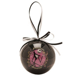 Round glossy black Nightmare Before Christmas bauble with pink-toned Jack Skellington panel labelled Strangeline Skeleton, black and white ribbon hanger, on white background.