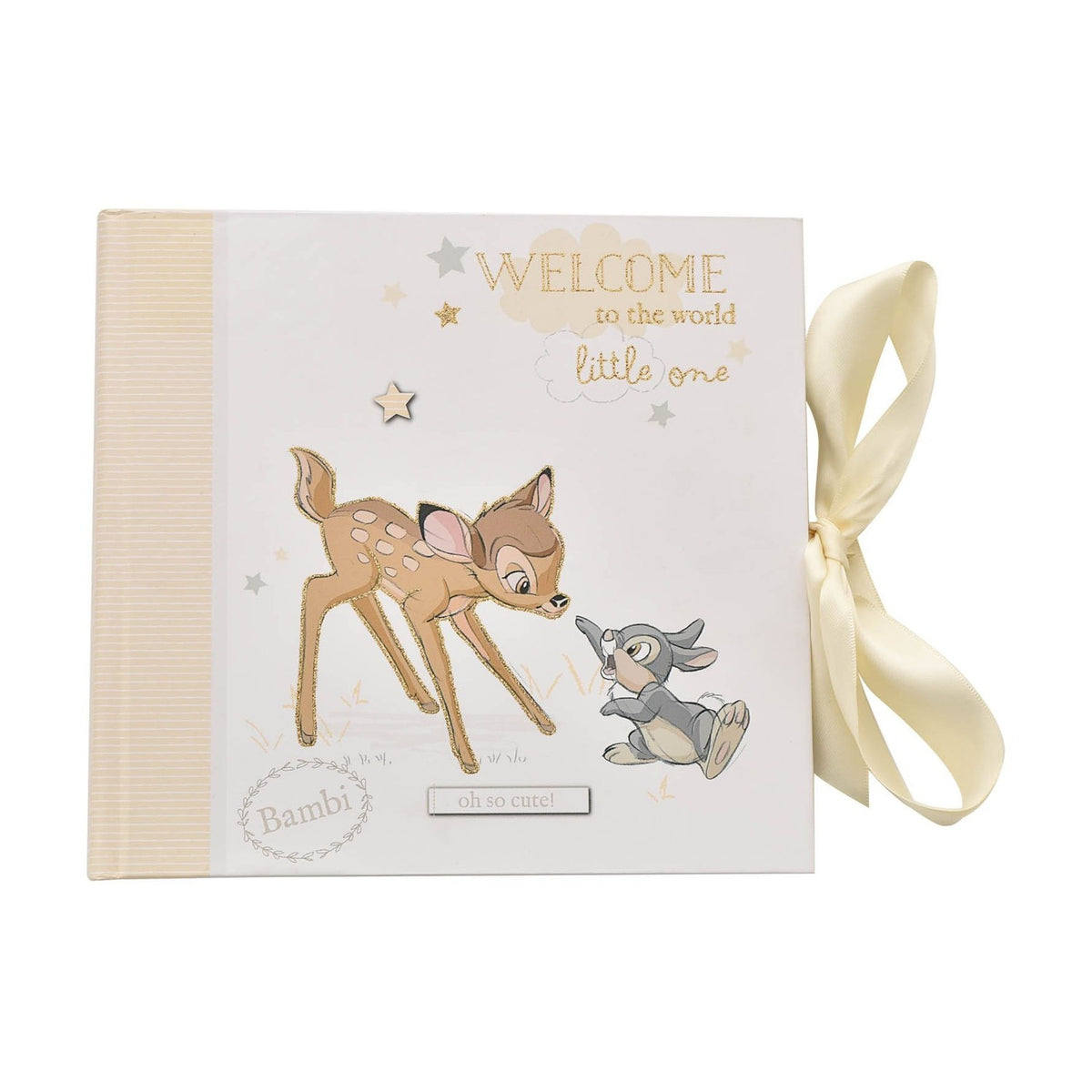 Bambi Baby Photo Album, white with striped cream spine, featuring Bambi and a grey rabbit, "Welcome to the world little one" text, and a cream ribbon tie, on a plain background.