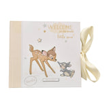 Bambi Baby Photo Album, white with striped cream spine, featuring Bambi and a grey rabbit, "Welcome to the world little one" text, and a cream ribbon tie, on a plain background.
