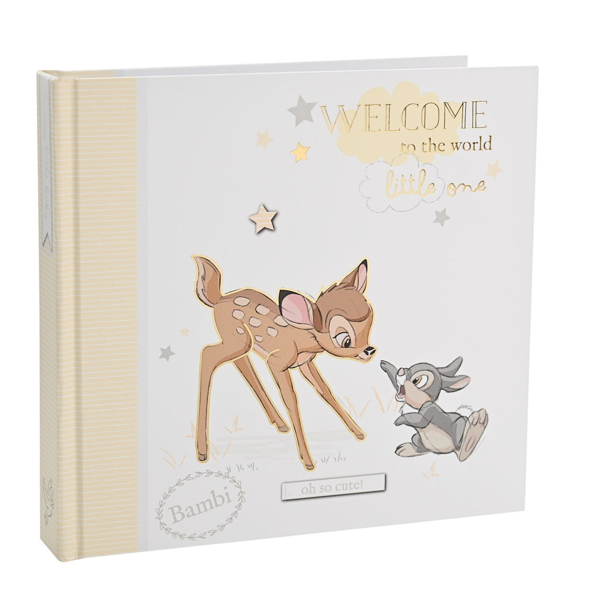 White square photo album with striped cream spine, featuring Bambi and Thumper on the cover beside gold "Welcome to the world little one" text and stars, on a plain background.
