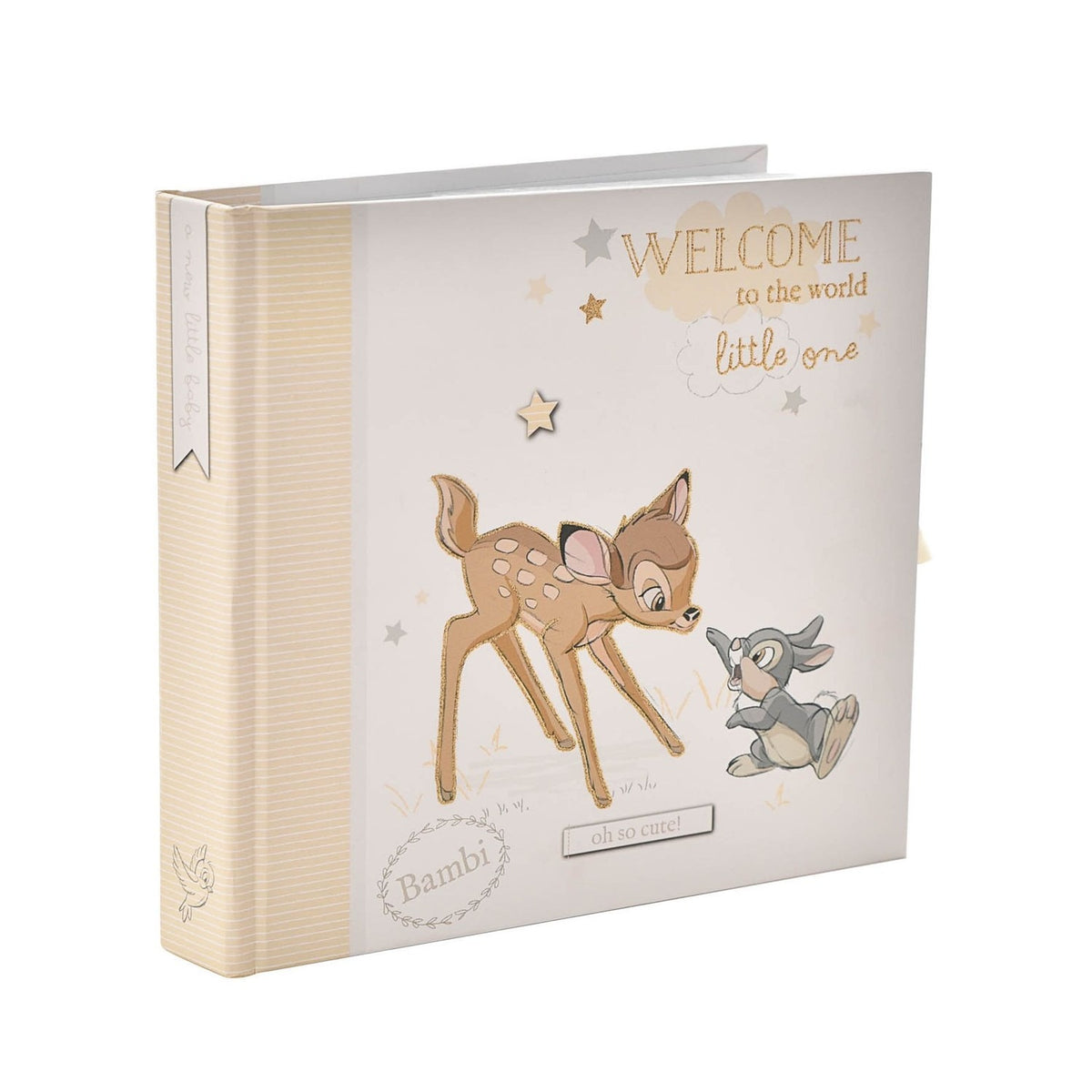 Bambi Baby Photo Album, white cover with striped cream spine, featuring Bambi and a grey rabbit under "Welcome to the world little one" text, shown on a plain background.