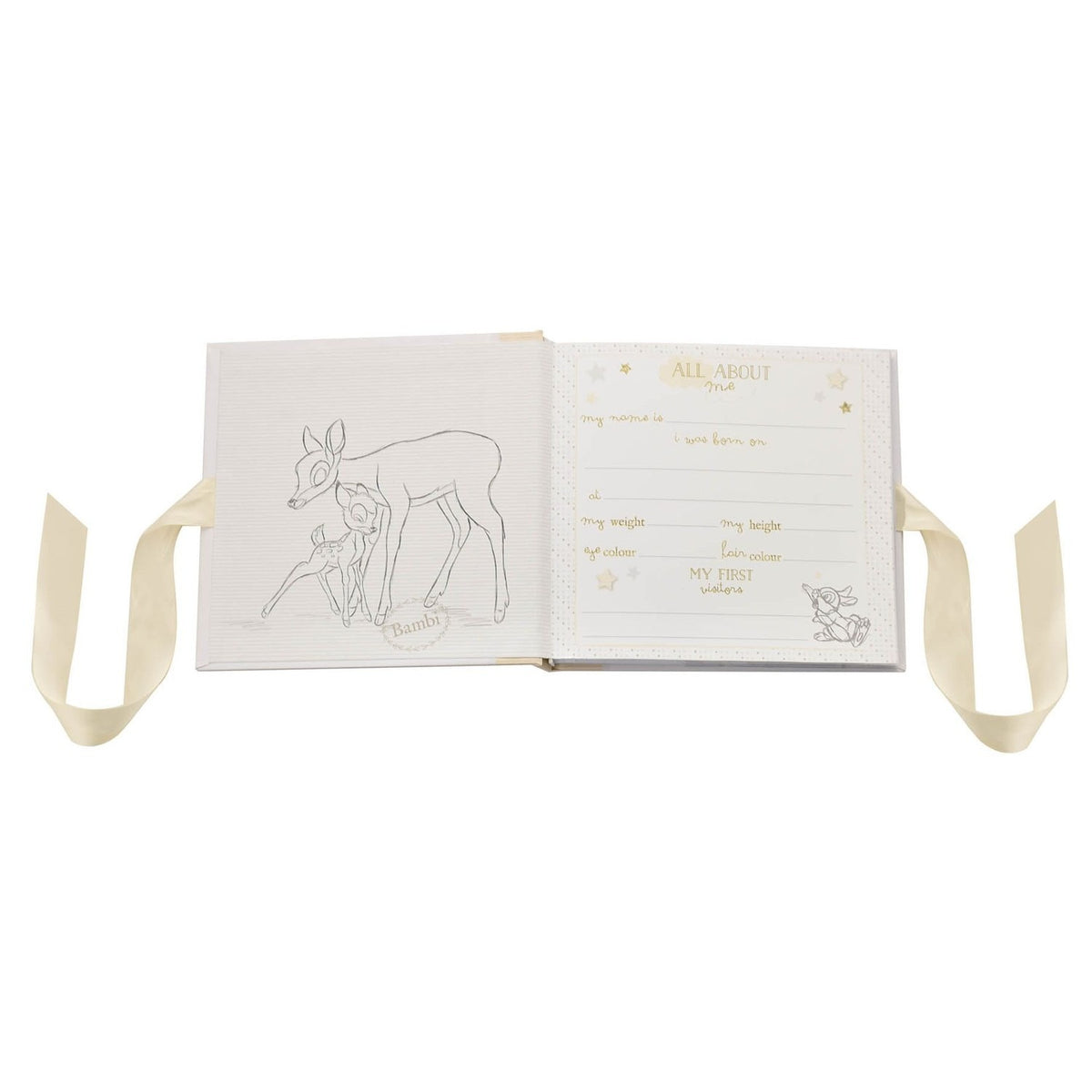 Open white Bambi baby photo album with cream ribbon ties, showing a sketched Bambi and fawn page beside an "All About Me" details page for name, weight, and height.