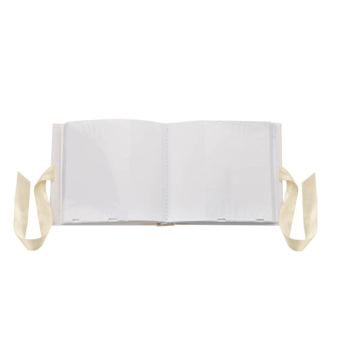 Bambi Baby Photo Album, 6 x 4in, shown open with white plastic sleeve pages and cream ribbon ties on each side, set against a plain white background.