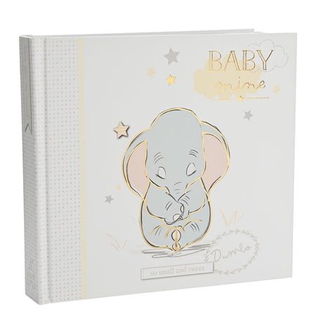 Dumbo Baby Photo Album, 6 x 4in, white square cover with gold-outlined elephant illustration, pale stars, "BABY mine" text, and "so small and sweet" label on a plain background.
