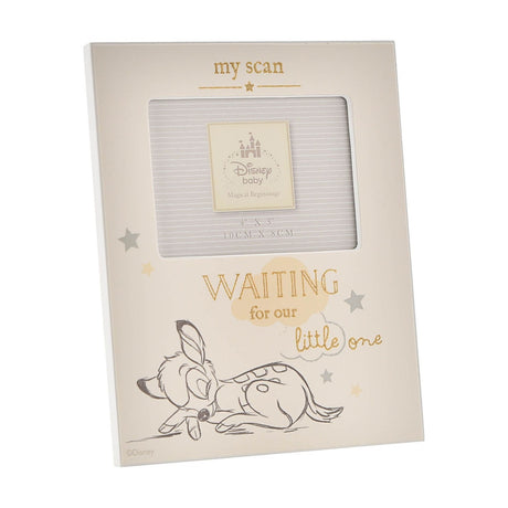 White freestanding photo frame for a 4 x 3in baby scan, with "my scan" in gold text, a sketch of Bambi, and "WAITING for our little one" amid grey and gold stars.