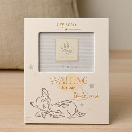 White freestanding Bambi baby scan photo frame, 4x3in, with "my scan" in gold text and "WAITING for our little one" over grey and gold stars.