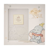 White square photo frame for a 6 x 4in photo, featuring Dumbo smiling in the corner with clouds, stars and "you make me SMILE" in gold lettering.